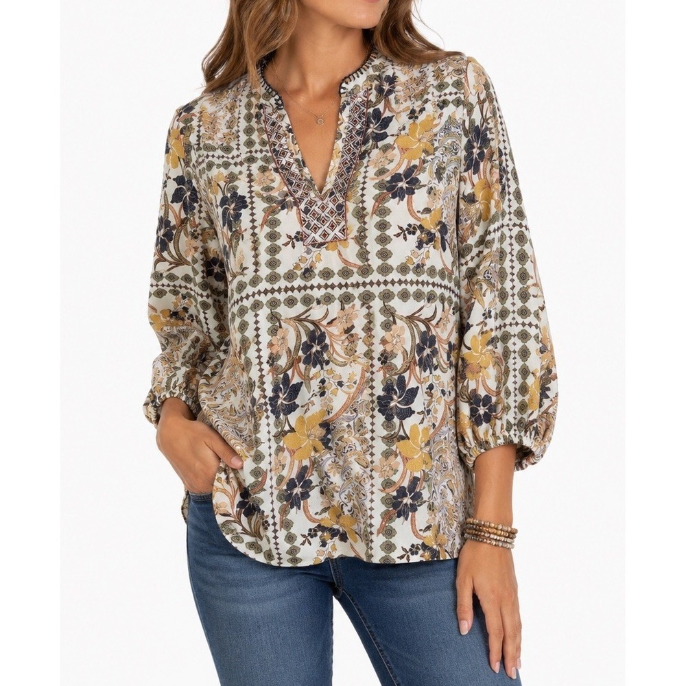 Johnny Was Workshop 100% Silk Floral Paisley Boho Tunic Blouse Medium